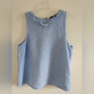 Adorable J. Crew Linen Sleeveless Shirt Top Ruffle Collar Blue Large Chest 40"
